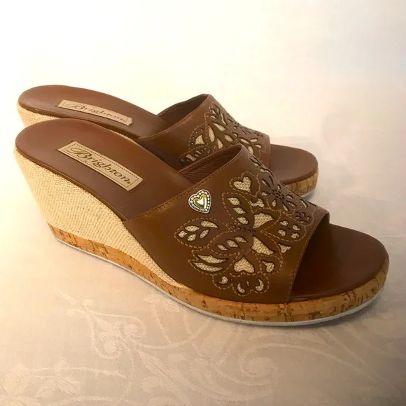 Brighton Moira Caramel Calf Leather with Natural Linen Wedge Sandals 7 1/2 Med - Picture 1 of 12